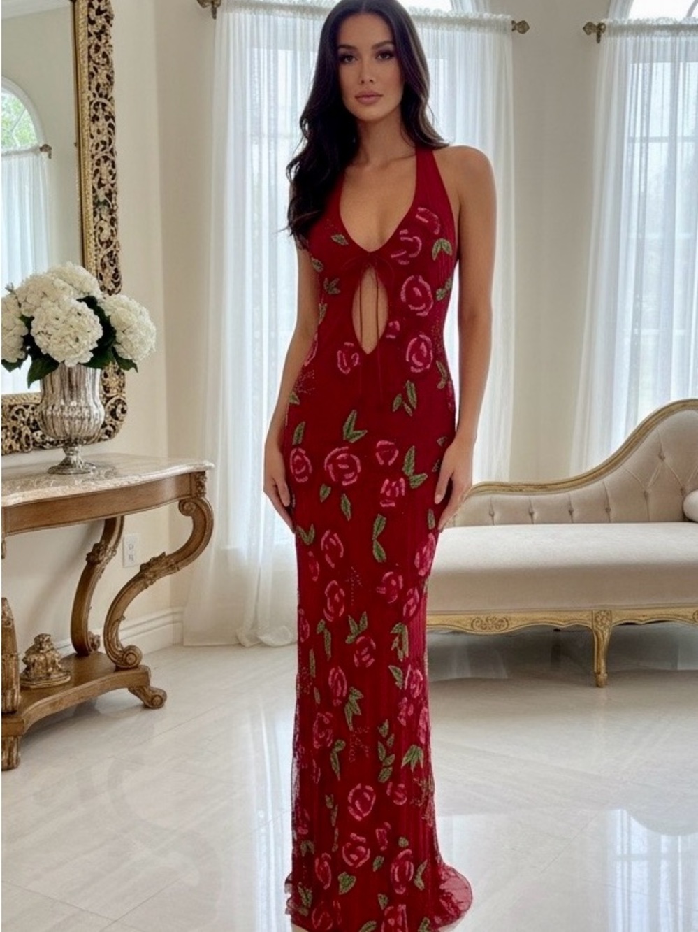 Red Floral intercut hand beaded & embroidered Cutout Maxi Dress stretch fabric
